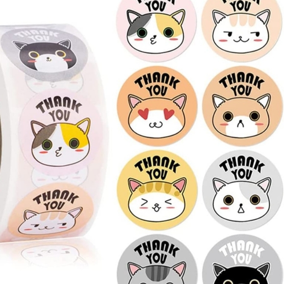 100 THANK YOU Stickers 8 Cat Designs 1" - Picture 1 of 6